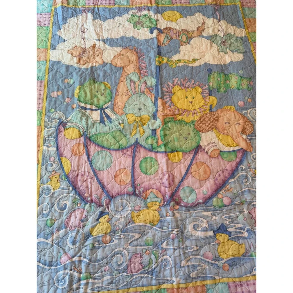 Vintage Noahs Ark Baby Quilt Pastel Patchwork Animals Nursery Blanket Multicolor